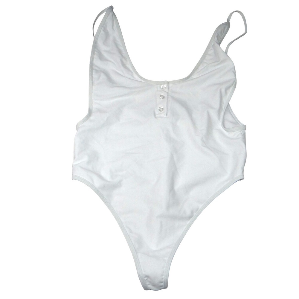 NWT-Shekini Womens White Button Front High Cut Thong One Piece Swimsuit‎ XL